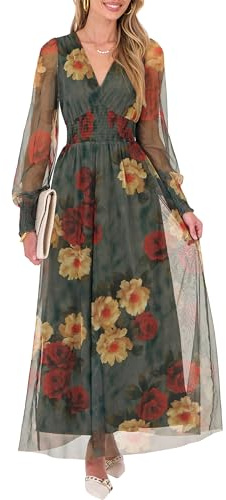 ANRABESS Women's Floral Maxi Dress 2025 Fall V Neck Puff Long Sleeve Flowy Casual Wedding Guest Tea Party Tulle Dresses Red and Yellow Rose L