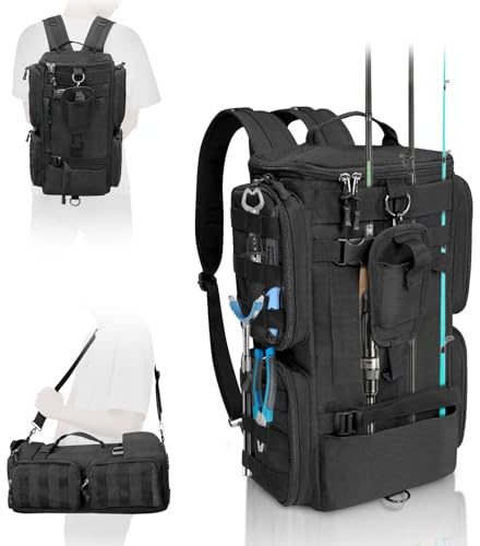 LIWSHWZ Fishing Tackle Backpack with Rod Holders,20L Lightweight Fishing Bag Storage Tackle Box Backpack for 3600 or 3700 Trays,Water Resistant Tackle Bag with Four Pockets (8.66” x 5.90” x17.52”)
