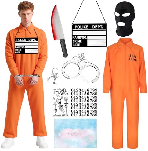 TOSZOLY Häftling Kostüm Herren Damen, Sträfling Kostüm mit Handschellen Informationstafel, Gefängnis Kostüms Orange, Gefangener Kostüms Faschingskostüme, Knast Outfit für Halloween Karneval (L)