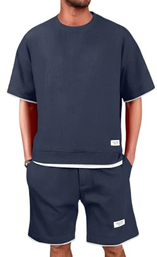 Vasreyy Festival Outfit Herren, Trainingsanzug Herren Waffle Jogginganzug Trainingsanzug 2 Teiler Outfit Zweiteiler Fitness Kleidung Kurz Freizeitanzug Shorts Und Tshirt Set Sportanzug (Marine,XXL)