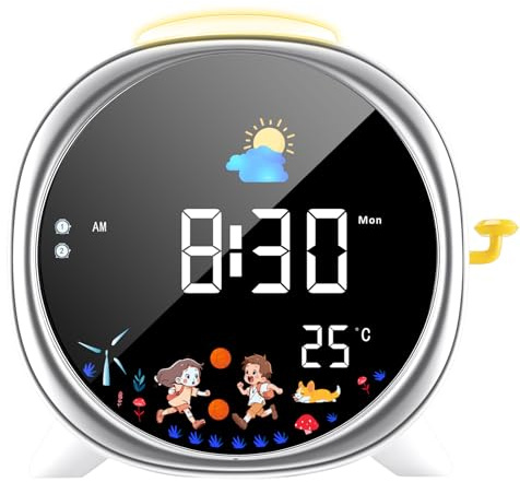LIORQUE Reveil Enfant Educatif Jour/Nuit, Réveil Enfant avec Veilleuse,Deux Alarmes,Fonction Snooze,Réveil Rechargeable d'entraînement au Sommeil pour Garçons Filles