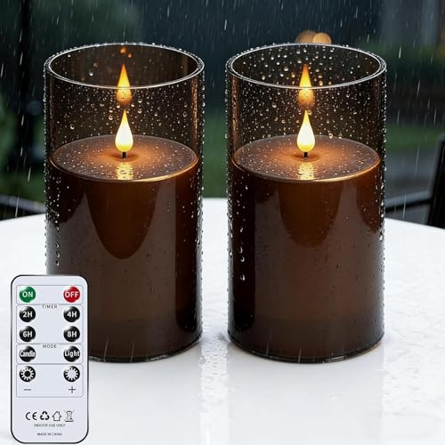 2 Stück LED Kerzen Outdoor Wasserdicht,LED Teelichter mit Timerfunktion,10cm x 17.5cm batteriebetriebene Stumpenkerzen mit abnehmbarer Acrylschale,Kerze flackernder Flamme für Äußere Dekorationen Grau