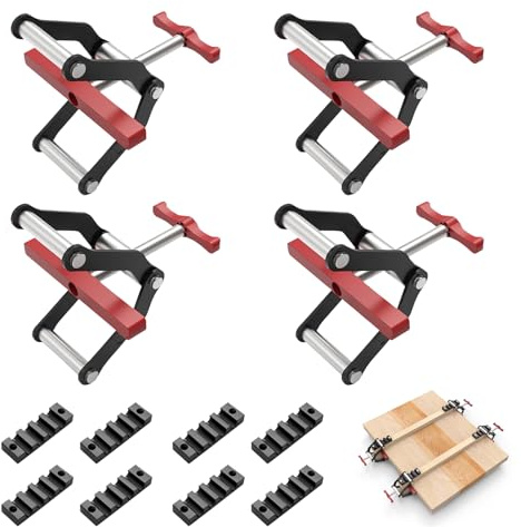 Four Way Pressure Clamps, 4 Pieces Pressure Panel Clamps Set with Groove Strips and Screws Length-Adjustable 4-Way Pressure Clamps for Woodwork with Rotating Handle for Woodworker and Furniture Maker