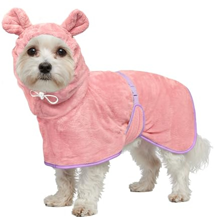Dog Bathrobe Super Absorbent Towel Robe - Microfiber Bath Towels Fast Drying Coat for Dogs, Cute Dogs Clothes Adjustable Collar & Belly Strap Warm Keeping Hooded Dog Towel (Pink, Large)