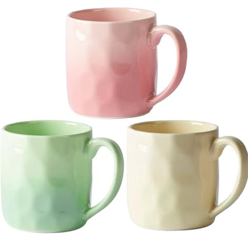 Pykrudo Set di 3 tazze in ceramica da 350 ml, per caffè, tè e vin brulé, espresso, rosa, verde, giallo