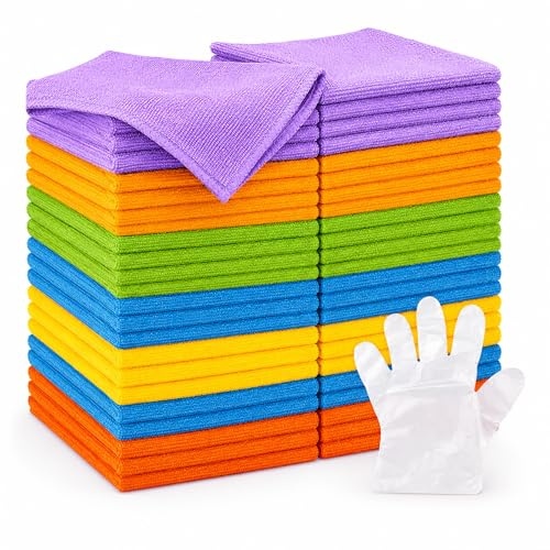 Microfibre Cleaning Cloths Pack of 50, 30 x 30 cm Ultra Absorbent Lint Free Microfibre Cloth, Streak Free Reusable Cleaning Towels With free Gloves, Multi-Purpose Washable Cloth for Kitchen, Windows,