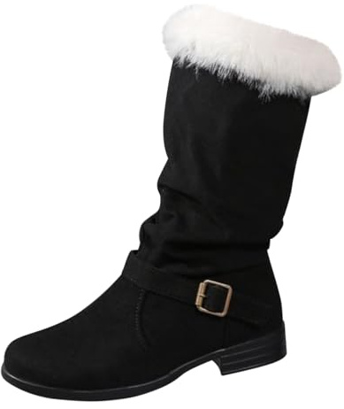 Generisch Botas de nieve para mujer, impermeables y forradas, botines sin cordones para mujer con tacón, planas, antideslizantes, tacón de bloque cómodas, con forro polar, botas de invierno, Negro