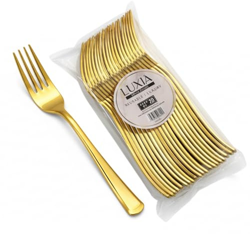 Luxia Reusable Gold Plastic Cutlery Fork, 20pcs Bulk Pack Durable Elegant Cutlery, 18.5cm Durable Dinnerware for All Occasion Birthday Parties Weddings Camping