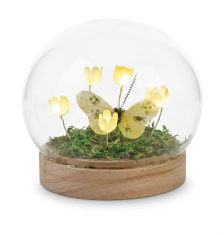 formano LED Deko Kugel Blumen Schmetterling Glaskugel mit Holzsockel & Timer 11cm - batteriebetriebene Frühlingsdeko für Tisch, Fensterbank & Geschenk