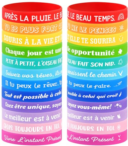 COMOOKA 24Pcs Bracelet de Motivation en Silicone avec Citation Française Inspirante Cadeau d’Encouragement 12 Styles Récompense pour Enfant Fille Garçon Rentrée Scolaire Maternelle Anniversaire (B)