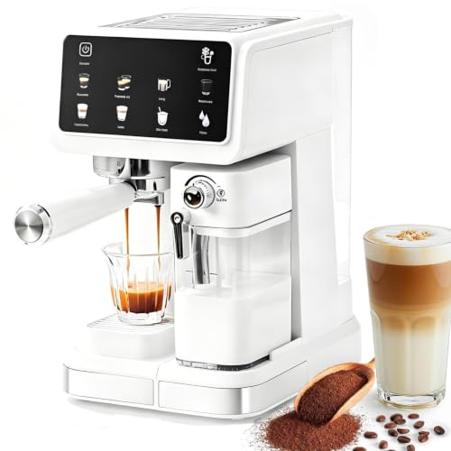 DUMIPME Cafetera Espresso automática 20 Bares táctil Blanca, espumador Integrado para Capuchino y Latte, compacta para hogar