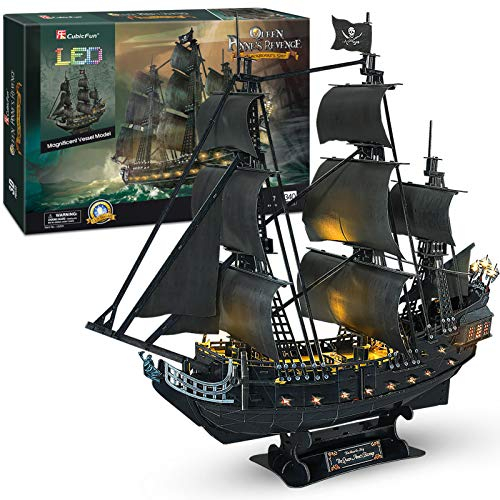 CubicFun Puzzle 3D LED 68 cm Black Pearl – Modell eines Bootes der Queen Anne's Revenge, Geburtstagsgeschenk für Erwachsene, 340 Teile