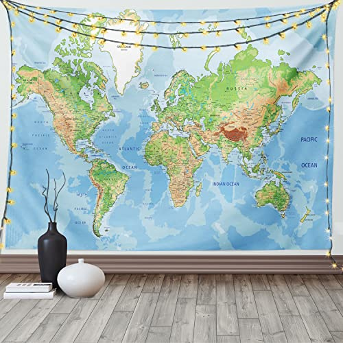 ABAKUHAUS Weltkarte Wandteppich, Topographische Bildung aus Weiches Mikrofaser Stoff Waschbar ohne Verblassen Digitaldruck, 150 x 110 cm,Hellblau Grün