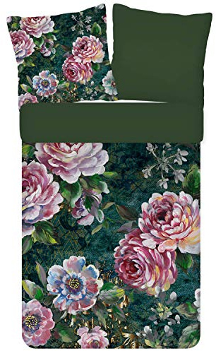 ESPiCO Bettwäsche Trendy Bedding Fleur Blumen Geblümt Pfingstrosen Wendeoptik Grün Renforcé 2-teilig 135 cm x 200 cm mit 80 cm x 80 cm Kissenbezug