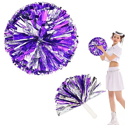 YUE QIN 2 Stück Cheerleader Pom Poms Gerader Griff Stil Pom Poms aus Metallfolie Cheerleader Pompons für zum Sport Cheers Ball Dance Kostüm Nacht Party Team Spirit (Violett)