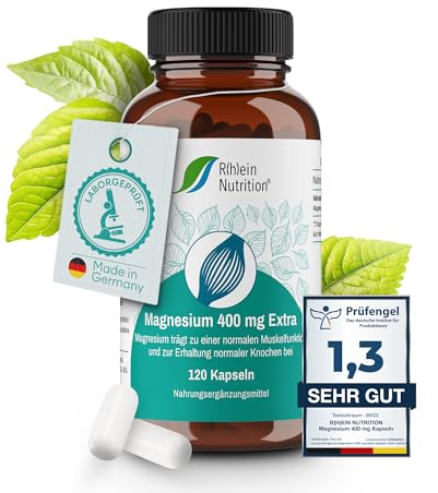 Magnesium 400mg - Magnesium Kapseln Hochdosiert - 120 Kapseln – Muskeln Knochen – Vegan Ohne Zusätze in Deutschland hergestellt - Rhein Nutrition