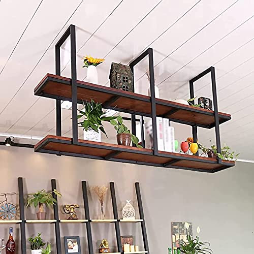 AYVADA Ceiling Rack Hanging Shelf, 2 Tier Unit Shelf Planter, Decorative Metal Floating Shelf for Kitchen/Bar/Dining (Color : Black, Size : 100 x 30 x 80cm)