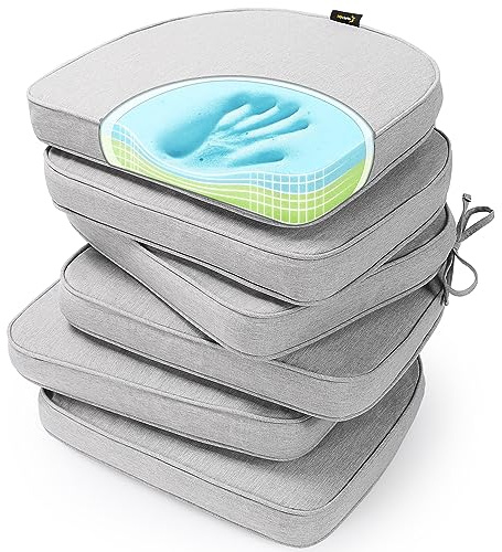SUNROX Gel Memory Foam Chair Cushions, FadeShield Water-, Stain-Resistant Durable Reversible Seat Cushion Pads with Ties for Indoor/Outdoor Kitchen Dining Office, 17x16, Set of 6, Heather Grey