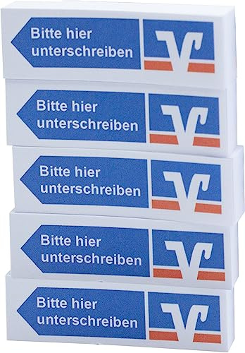 Litfax VR Haftnotizen Bitte hier unterschreiben mit Volksbank Raiffeisenbank Klebestreifen - 100 Blatt Sticky Notes je Block - Post It Haftstreifen (VR Bank - Blau - Pfeil Links, 5er Blöcke)