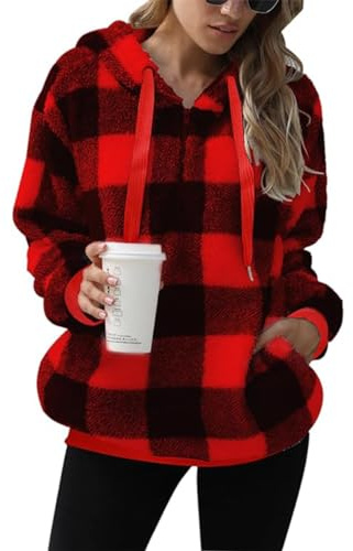 GRMLRPT Sweat à Capuche pour Femme Peluche Décontracté Motif à Carreaux Femme Pull à Capuche Polaire à Manches Longues Pull Chaud (Rouge,L)