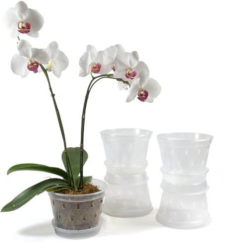 Greenology Paquete de 5 macetas de orquídeas con platillos y drenaje lateral en plástico transparente suave y duradero de 15 cm