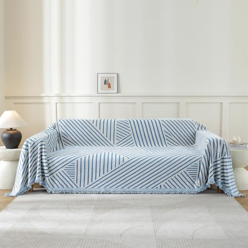 YSTELLAA Sofa Überwurfdecke 2 Sitzer, 180×280cm, Chenille AB Seiten Sofaüberwurf, Sofa Decken Überwurf Universal, Vier Jahreszeiten Sofabezug, Couch Überzug Mit Quaste, Blau-Line