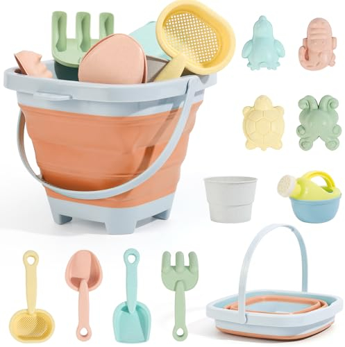 Euakee Sandspielzeug für Kinder, 11 Stück Sandspielzeug mit Faltbarer Eimer, Sanspielzeugset, Sandspielzeug Strand, Sandkasten Spielzeug für Kinder 3 4 5 6 7 Jahre (Orange)