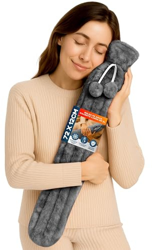 2 L Bouillotte Longue Eau Chaude - Pack de 1 Bouillotte avec Fausse Fourrure Housse Grise Douce - Soulager la Douleur avec de l'Eau Chaude ou Froide
