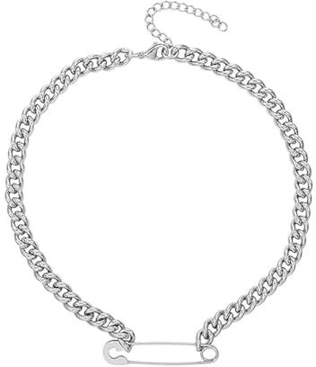 Niaspi Safety Pin Pendant Choker Necklace for Women Men Unisex Stainless Steel Fashion Chunky Cuban Cable Link Chain Trendy Thick Paperclip Gothic Necklace Punk Hip Hop Rock Jewelry Gifts