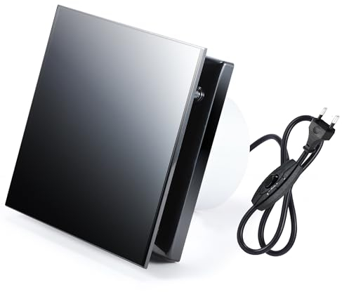 Hose Vary Ventilador de baño con placa de cristal negro, 100 mm, silencioso, 10 W, 95 m³/h, ventilador de ventana, salida de aire con válvula antirretorno, anillo de montaje de ventanas, enchufe