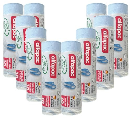 80% reciclado 10 rollos de 15 bolsas de basura (150 bolsas) de 10L, Ultra resistentes, Triple capa, Antigoteo, autocierre