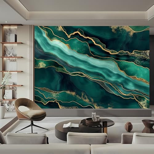 Fototapete BöHmische Abstrakter Marmor Vliestapete, 300 x 210 cm Vlies Phototapete Wandverkleidung Wandtapete Motivtapeten Wohnzimmer Schlafzimmer 3d Effekt GrüN Gold Vliestapete