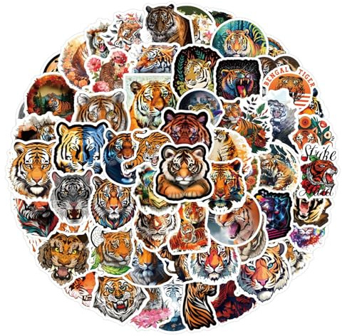 100Pcs Tiger Stickers Laptop Car Scrapbook Phone Skateboard Suitcase Luggage Bike Cool Tiger Stickers Vinyl Waterproof Aesthetic Personalised Stickers for Teens Boys Girls Adults