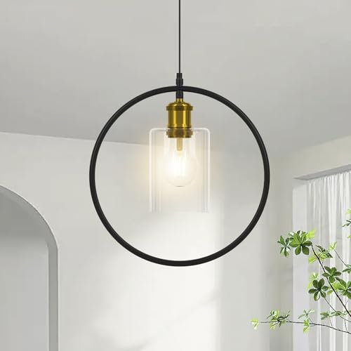 diisunbihuo Lampada a sospensione moderna con paralume in vetro, base per lampada a sospensione a 1 luce E27 con cavo regolabile, lampada a sospensione nera retrò per cucina camera da letto