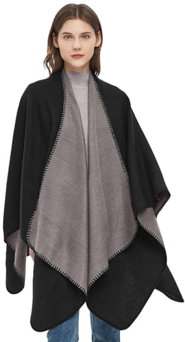 Minicoco kvinnor ponchos capes damer sjal för kvinnor poncho cape rock filt svart poncho kvinnor vinter poncho för kvinnor sjal wraps rutiga stickade ponchos, Svart, grått, one size