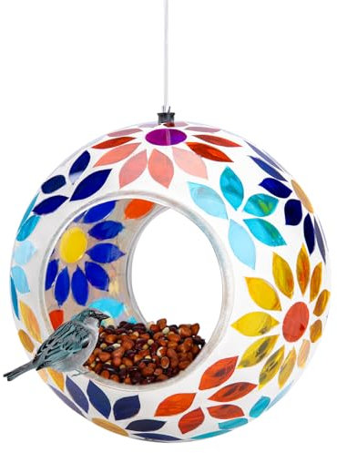 DREAM GARDEN Glass Bird Feeder, Mosaic Fly Through Wild Bird Feeders Garden Hanging Bird Feeder for the Wild Birds, Outdoor Garden Yard Decoration, 14.5 cm