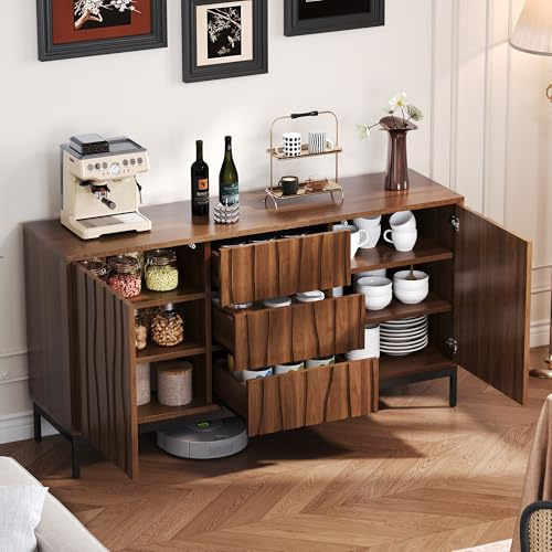 Huayz Sideboard 150cm Eiche dunkel gemasert, 3 Schubladen, großes Sideboard, Küchenschrank, Einteilige Aussparung, Mid Century Modern Dekorativer Schrank für Küche, Wohnzimmer, Eingangsbereich, Flur