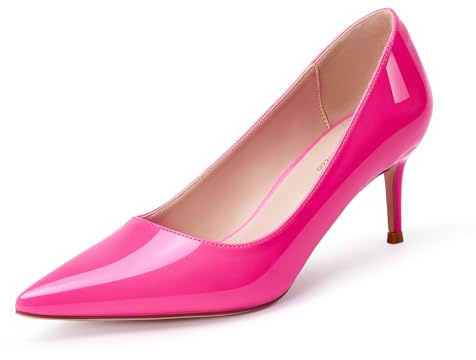 GENSHUO Pumpar med låg klack för kvinnor stängd tå 6 cm/2,3 tum fest stilettklackar hovskor sexig slip-on spetsig tåpumpar, fluorescerande rosa, 36.5 EU