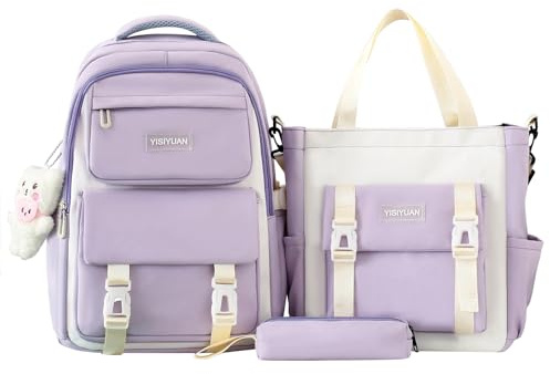 Amythe Flicka grundskola ryggsäck 3 delar, set med ryggsäckar för flickor 6–12 år med shoppingväska och pennfodral, flickryggsäck för skolan-yy622, Lila