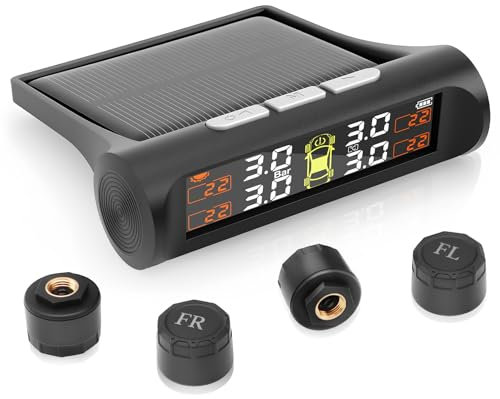 Avutrel TPMS Reifendruck-Überwachung mit Solar/USB, Fahrzeug & Temperaturalarm, Auto EIN/Aus für Wohnmobile, SUV, Limousinen, MPV, 4 Externe Sensoren (3.5bar)