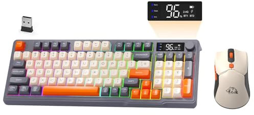 ZIYOU LANG×FREEWOLF T96 Set Tastiera Mouse e Gioco Wireless, BT/2.4GHz Dual-Mode, Display e Manopola Intelligenti, Retroilluminazione Arcobaleno, Tastiera QWERTY Ricaricabile e mouse PC - Luccichio