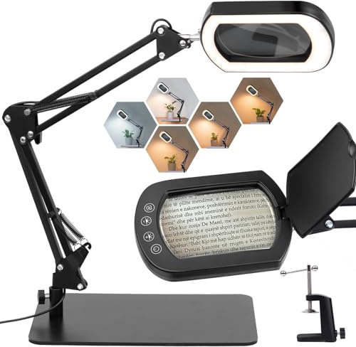 Oerdoh 10x Magnifying Glass with Light, Dust Cover and Stand, 5 Color Modes Stepless Dimmable Led Lighted Magnifying Glass, Large Magnifier with Light Hands Free for Close Work, Reading, Hobbies