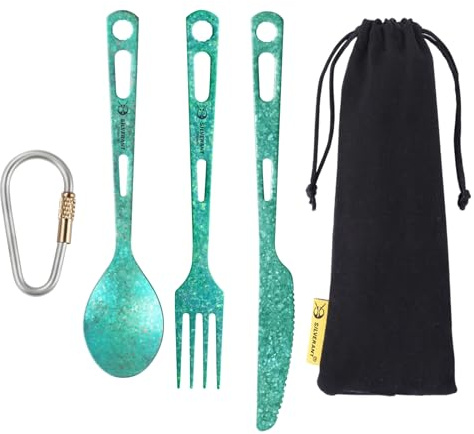 SILVERANT Set di posate in titanio da 3 pezzi, coltello, forchetta e cucchiaio extra resistenti, ultraleggeri e durevoli, per campeggio e trekking all'aperto - Verde