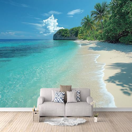 Carta da Parati Murale Spiaggia Mare 300x210 cm Fotomurali Effetto 3D, Alberi Di Cocco Con Vista Mare Decorazione Poster Arte Murale Moderna per Casa Ufficio Camera Da Letto Soggiorno.