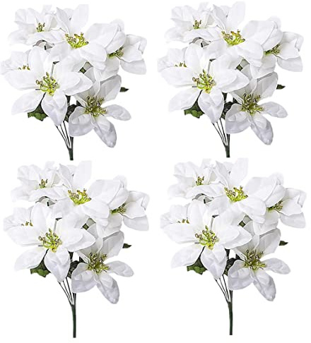 Künstliche Weihnachtsstöcke Büsche 4 Pack 7 Köpfe Seiden Weihnachtsblumen Weihnachtsstern Bouquet künstliche Weihnachtsstern Blumen für Weihnachten Weiß