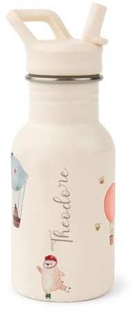 J.Børn Personalisierte Flasche mit Strohhalm für Kinder 350ML | Handgemalte Designs | Einzelne Lebensmittelqualität Edelstahlflasche | Leichte Wasserflasche (Abenteuerbär)