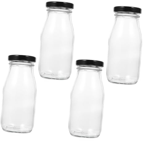 Hohopeti 4 Piezas Unidades Botellas de Vidrio para Leche con Tapa Hermética Transparente para Bebidas y Jugos
