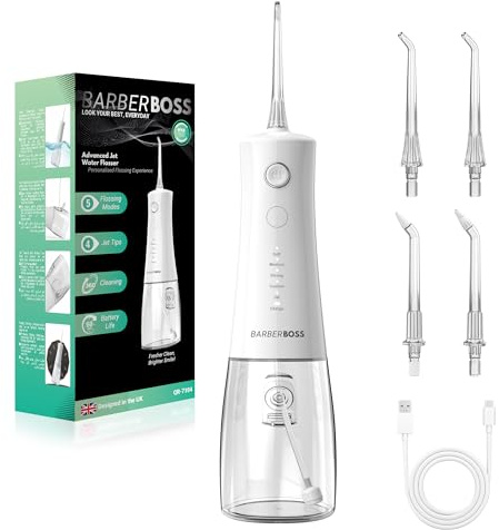 BarberBoss Advanced Water Flosser, 5 Pressure Modes and 340ml Large Tank, IPX8 Waterproof Oral Irrigator, 4 Jet Tips & Travel Lock, Water Flosser for Teeth & Gums, Portable Flosser QR-7104 (White)