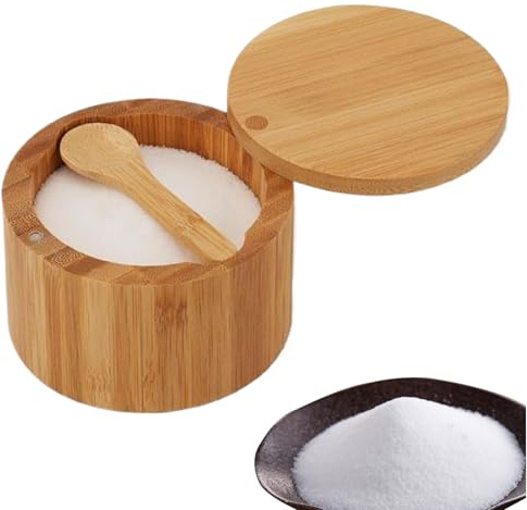 Bodega de madera de madera de acacia, 160 g, 3.54 x 3.54 x 2.36 pulgadas, tarro para condimentos, amplia variedad de aplicaciones, fácil limpieza, salero, y especias, cocina rústica.