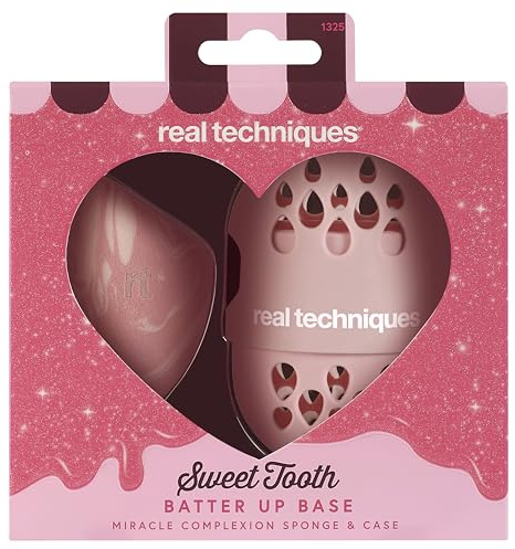 Real Techniques Sweet Tooth Batter Up Base Miracle Complexion Sponge & Case, Makeup Blending Sponge, Travel Case for Foundation, Skin Tint & Concealer, Cruelty-Free, 2 Piece Set